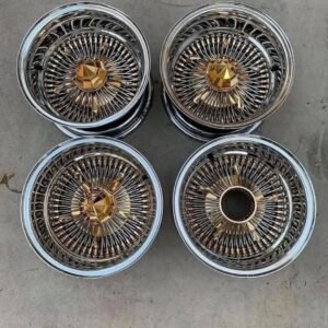 2x Gold hundred spoke Dayton wire wheels. Triple stamp rare Dayton spectre 13x7. Set of 4 dash